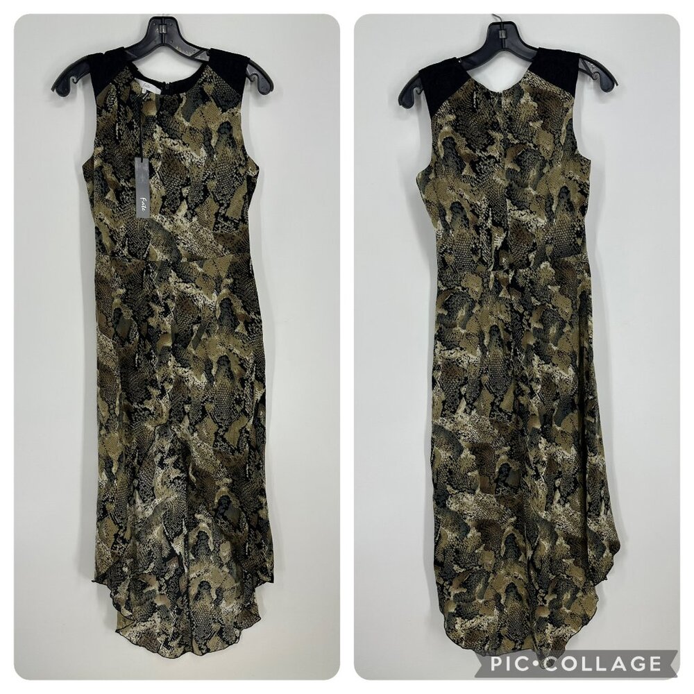 Fate Snake Skin Print Midi Dress S High Low Tulip Hem A Line Sleeveless Brown‎